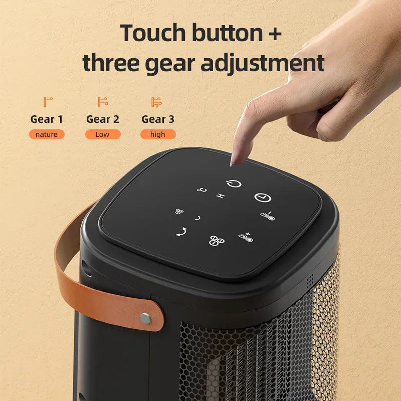 Silver 618 electronic model radiator fan heater with remote control on a wooden floor.
