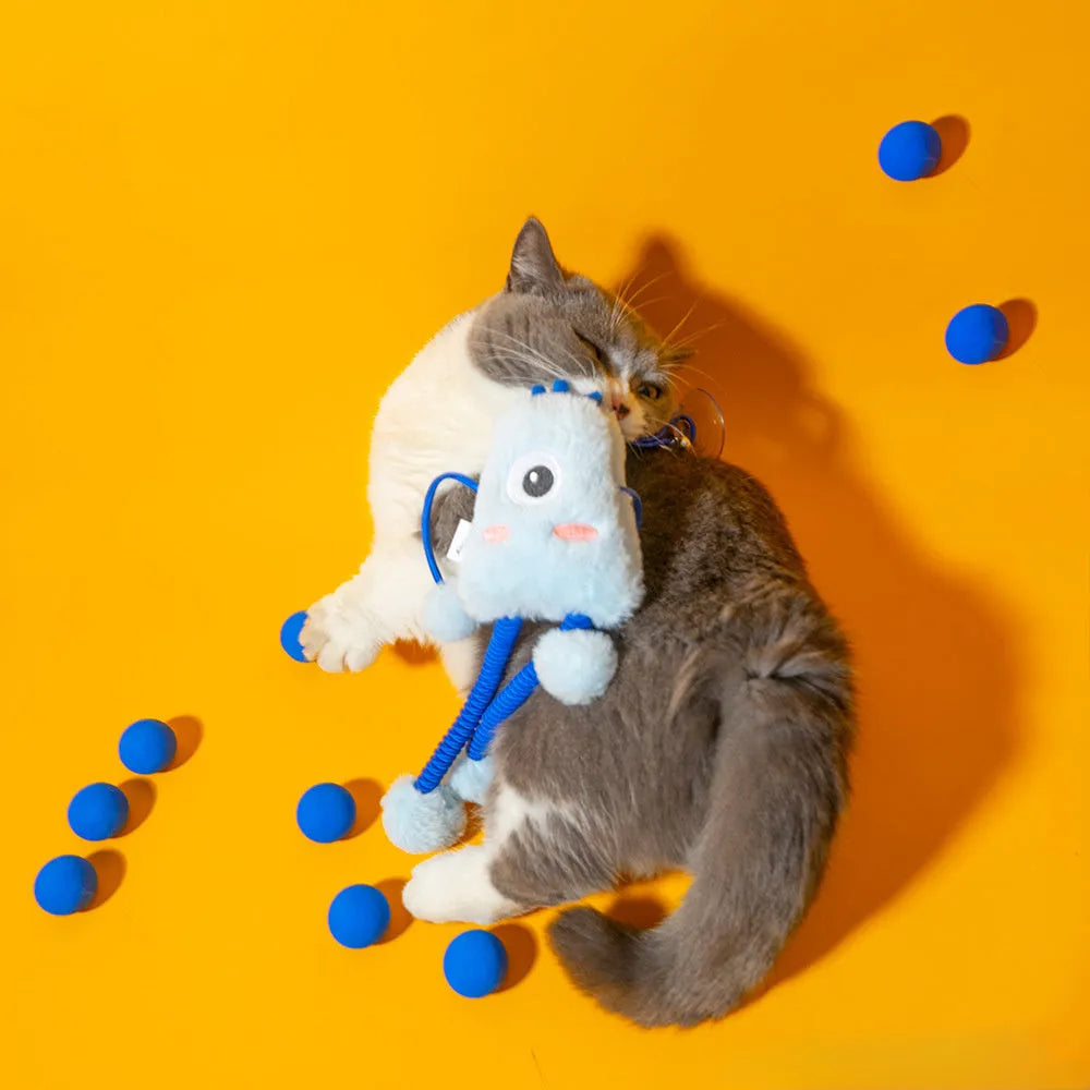 Blue plush ring cat toy with elastic telescopic rope and mint bell, measuring 30cm