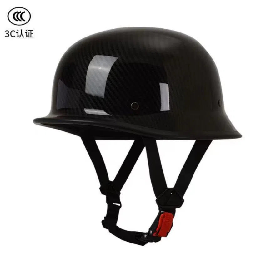 Men's retro motorcycle helmet in matte black ABS construction, side view on white background