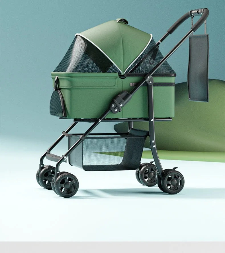 Black metal folding pet cart with removable design shown in folded and unfolded positions