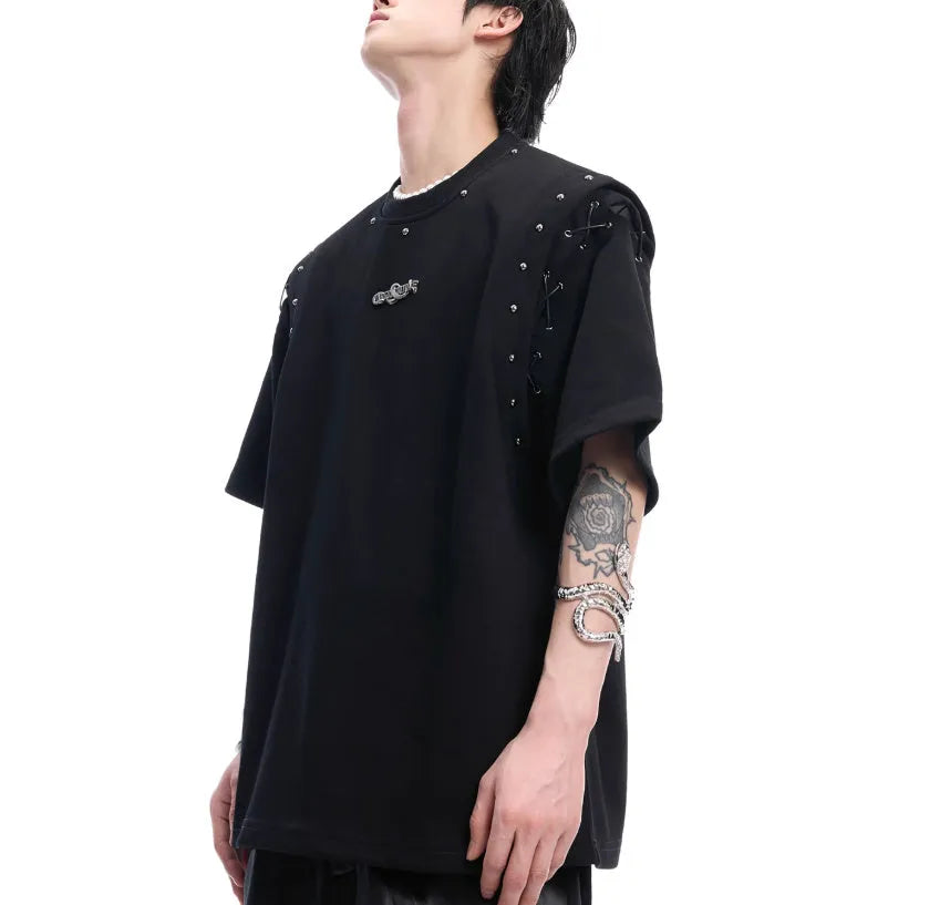 Women's black lace-up cutout short sleeve t-shirt showing side detail