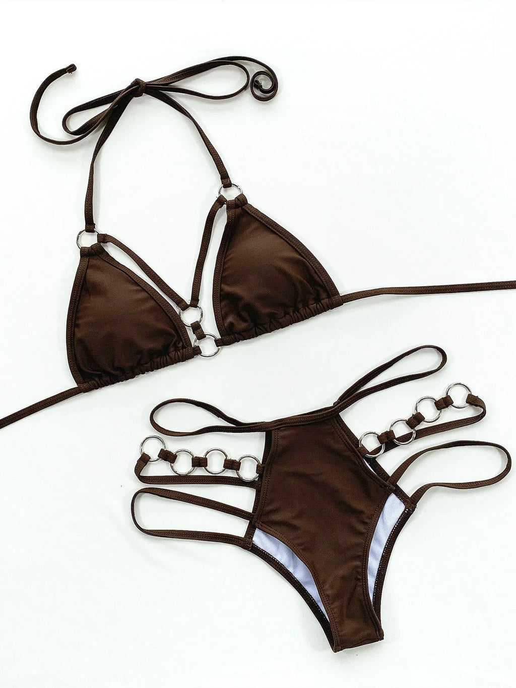 Women's separated bikini swimwear set in nylon, showing top and shorts in one of five available colours.