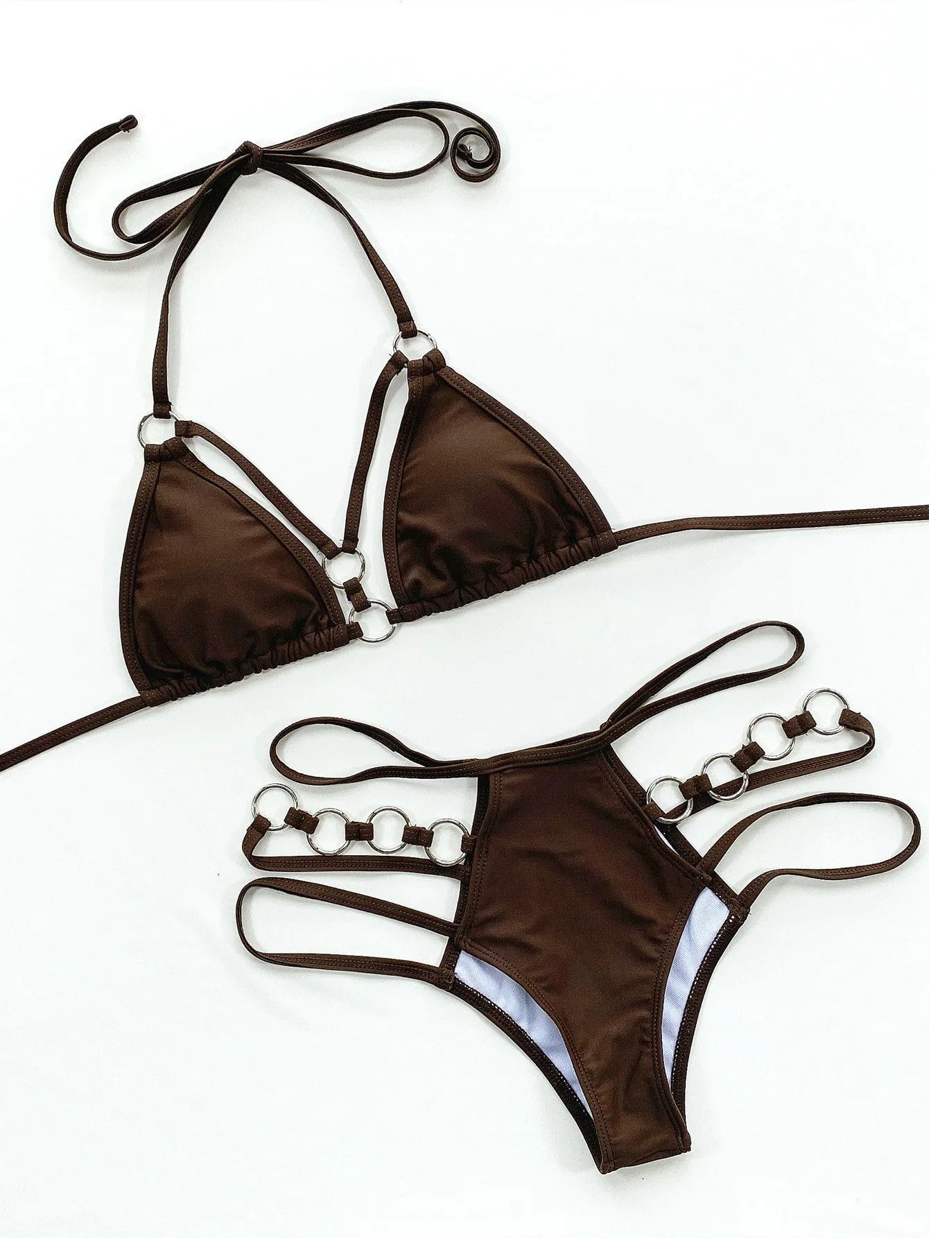 Women's separated bikini swimwear set in nylon, showing top and shorts in one of five available colours.