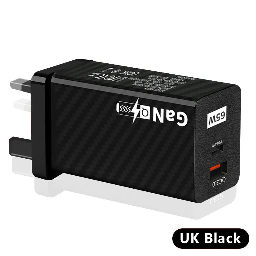 65W Gallium Nitride universal laptop charger in white with USB-C port and compact design