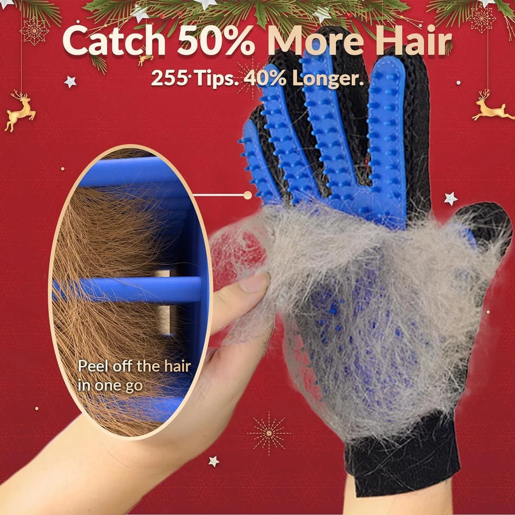 Blue pet grooming glove with silicone tips for removing hair from dogs and cats.