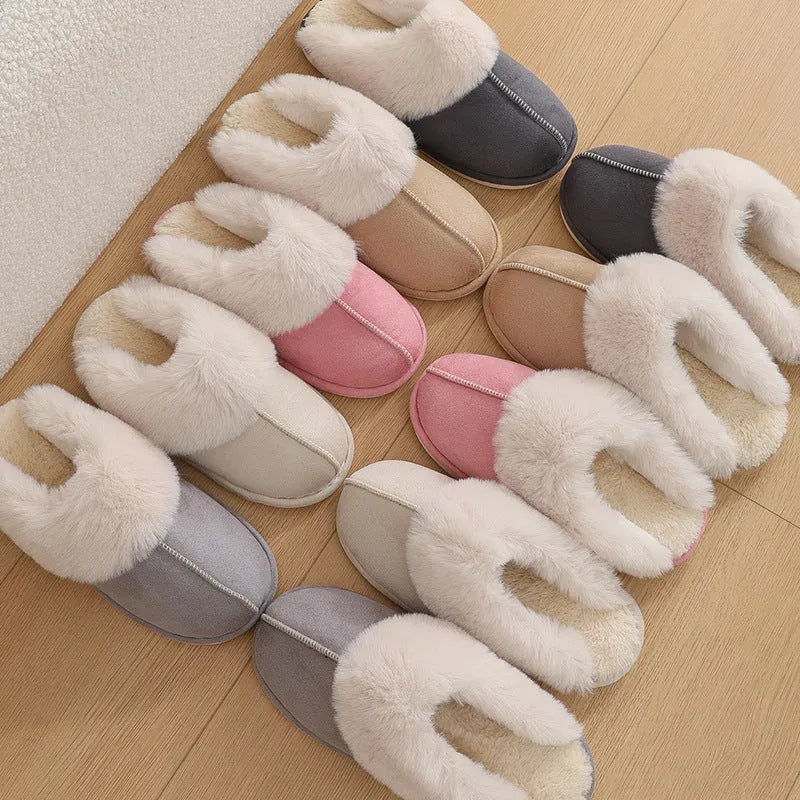 Women's plush winter slippers with round toe, available in brown, grey, pink and white.