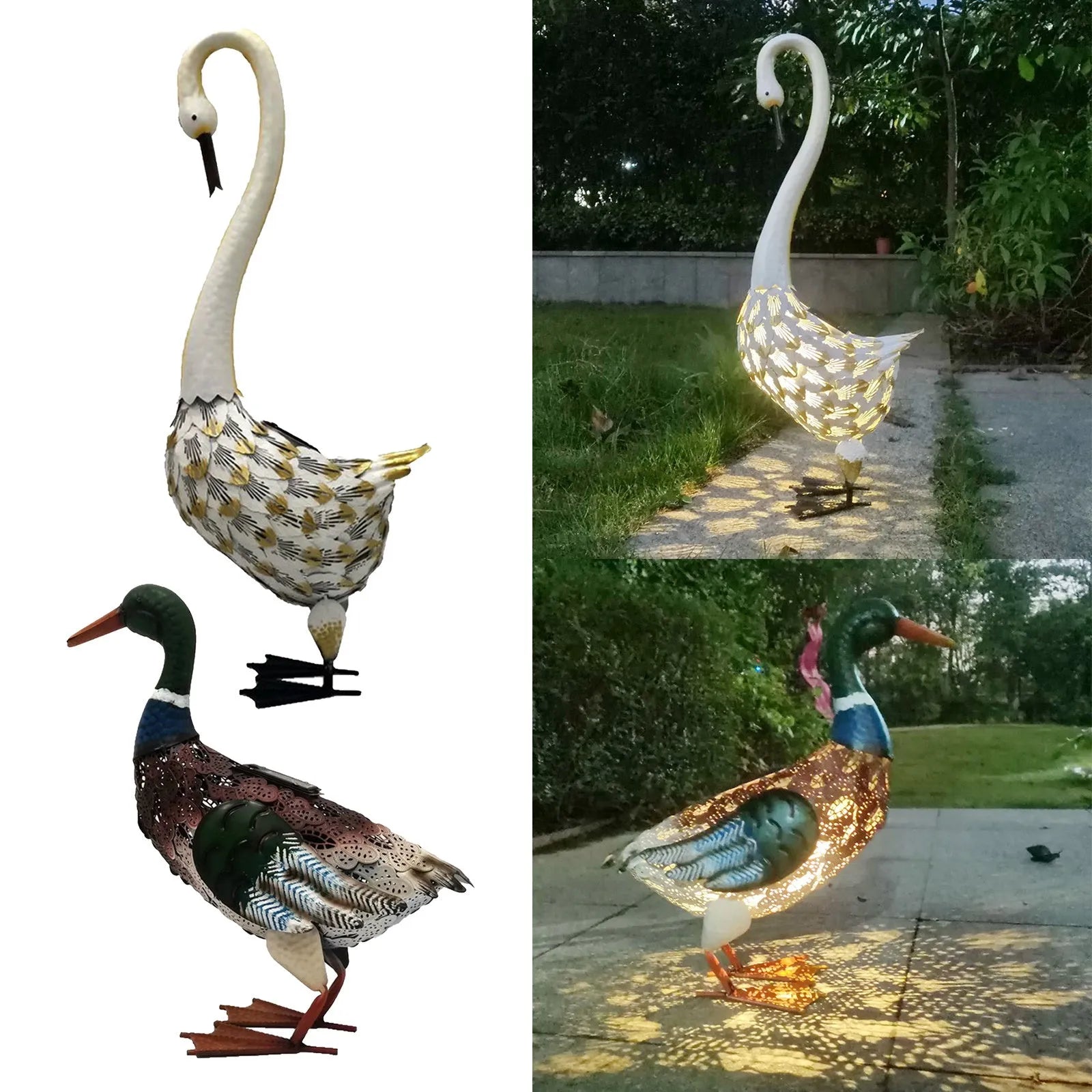Solar powered duck-shaped wrought iron garden light with warm white LED on lawn
