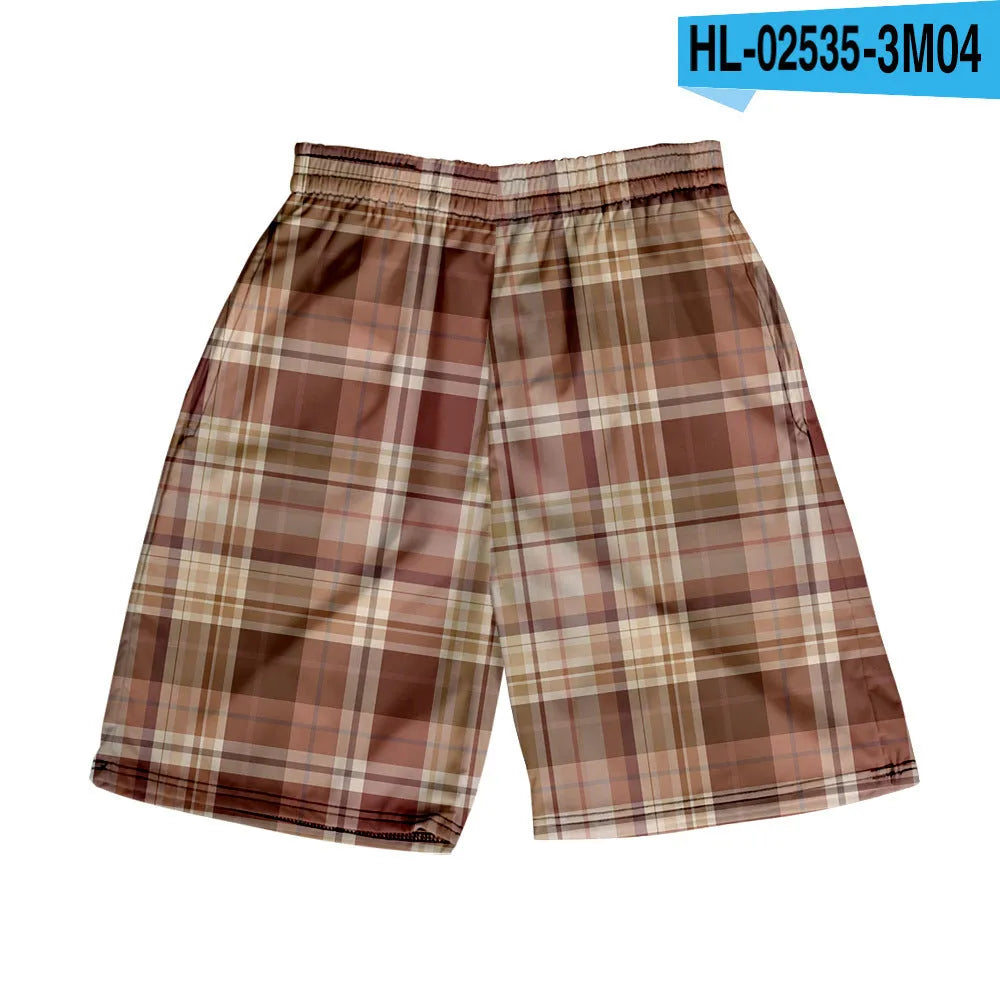 Man wearing straight-leg plaid shorts with an elastic waistband on a beach, showing one of twenty available colour variations.