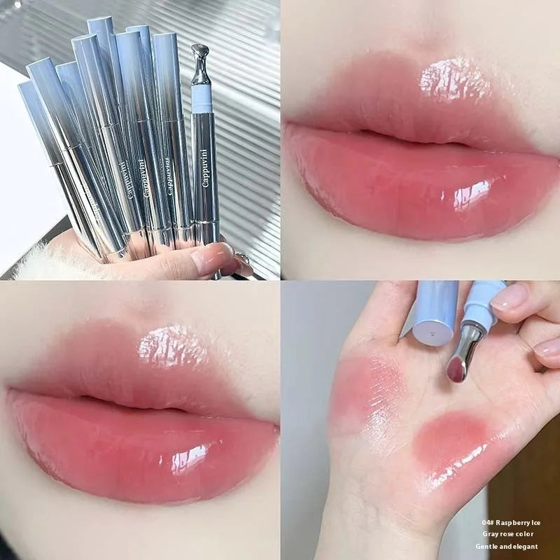 Mirror Water Light Lip Gloss Lipstick in translucent shades showing reflective finish and 12.9cm height