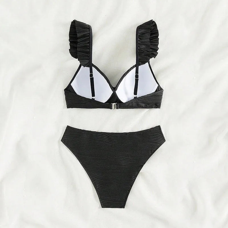 Solid colour women's bikini swimsuit set in black or khaki on a mannequin