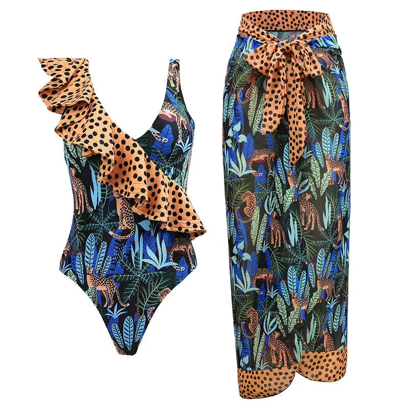 Women's solid colour one-piece swimsuit with spaghetti straps and attached skirt