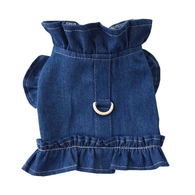Blue denim dog dress vest with ruffle trim and back leash hook for small dogs