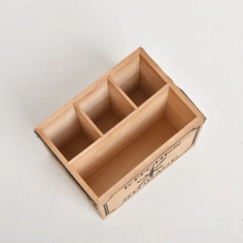Solid colour wooden kitchen storage box for knives forks chopsticks with internal grid divider