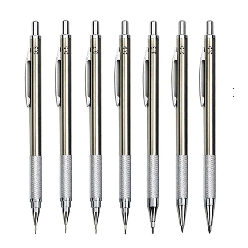Metal automatic mechanical pencil showing lead size options from 0.3mm to 3.0mm for writing and drafting