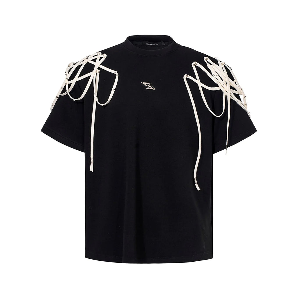 Black loose fit short-sleeved T-shirt with padded shoulders featuring rivet and ribbon detail.