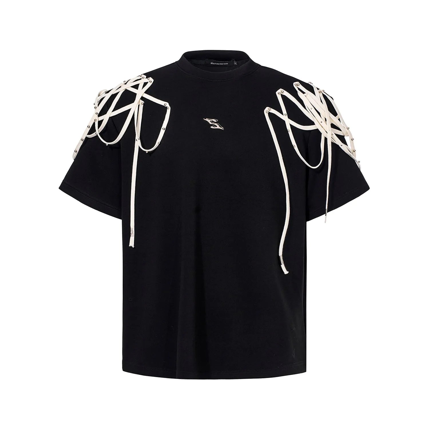 Black loose fit short-sleeved T-shirt with padded shoulders featuring rivet and ribbon detail.