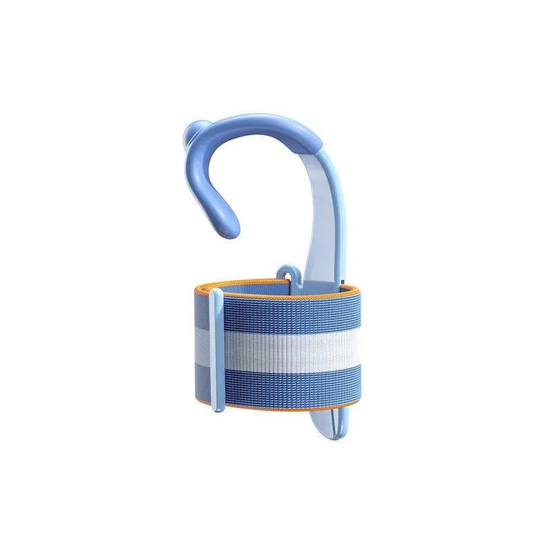 Blue and pink anti-hook wrist brace pen grip corrector for children's handwriting, made from white ABS nylon.