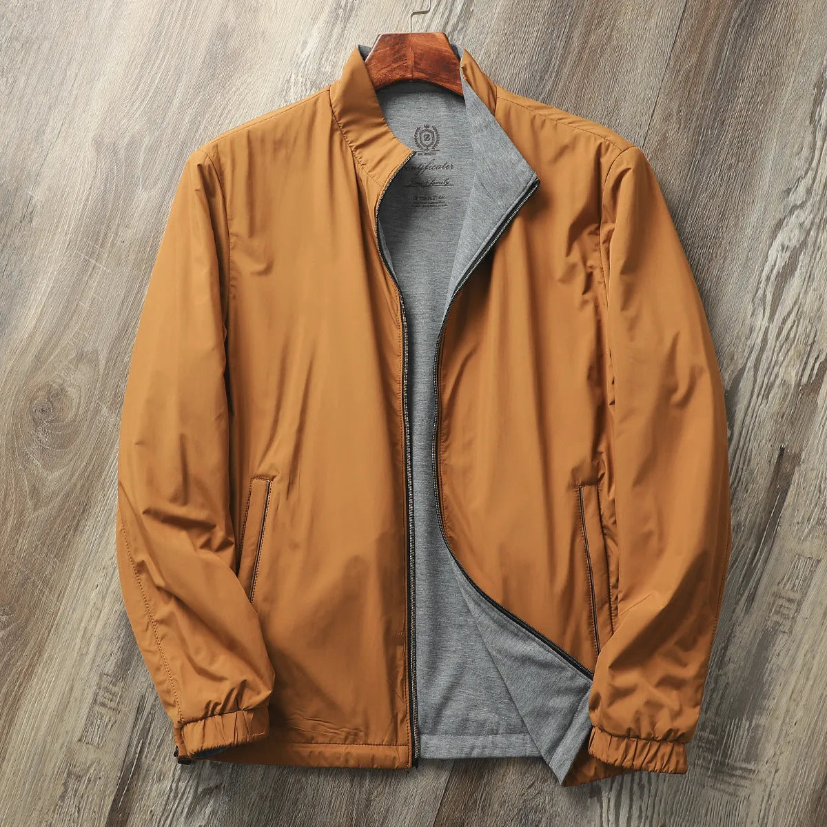 Men's simple stand collar jacket in a polyester-cotton blend, shown in one of four available colours.