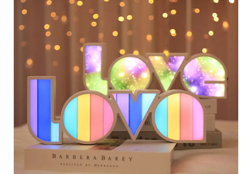 Rainbow style LED LOVE decorative light lamp for Valentine's Day and wedding party decoration.