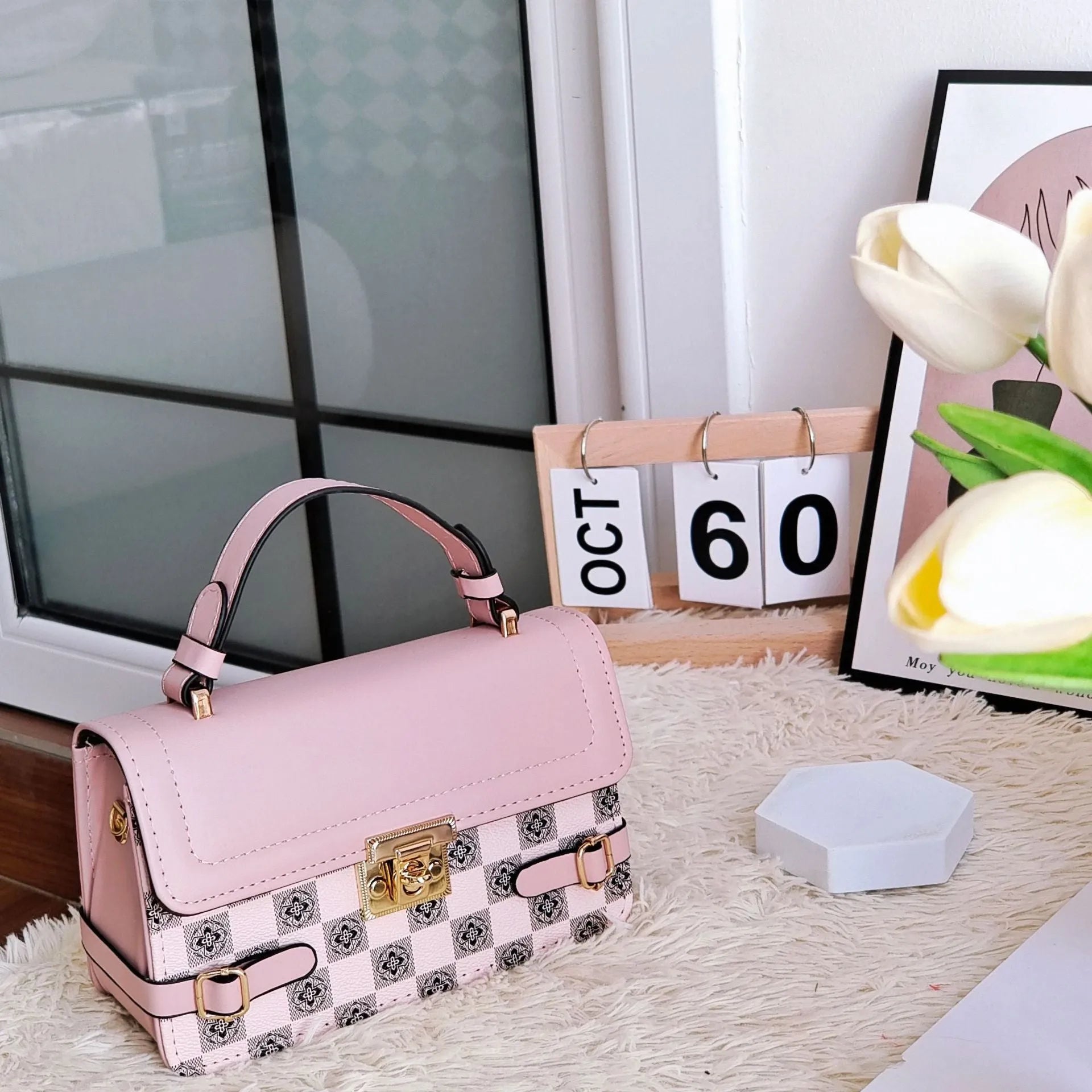 Structured small square PU crossbody bag in apricot with a retro pattern and file compartment.