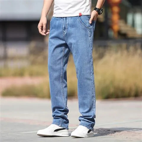 Men's smoky gray jeans with straight-leg cut and low-waist design