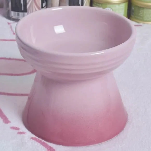 White ceramic pet bowl with a high foot neck and slanted rim for cat or dog feeding