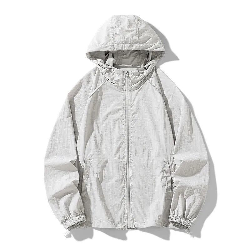 Loose-fit thin nylon blend outdoor sports jacket shown in light grey colour
