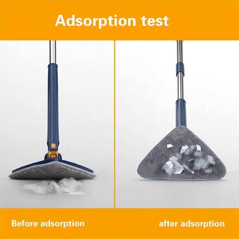 Blue and white extendable triangle cleaning mop with a rotating head on a long stainless steel pole.