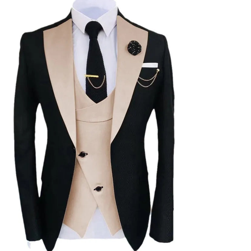 Men's slim fit three-piece suit in cotton with coat, vest, and trousers for formal occasions