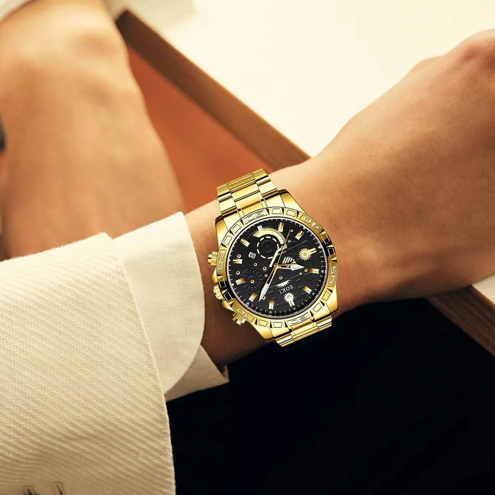Gold men's stainless steel business watch with calendar on wrist