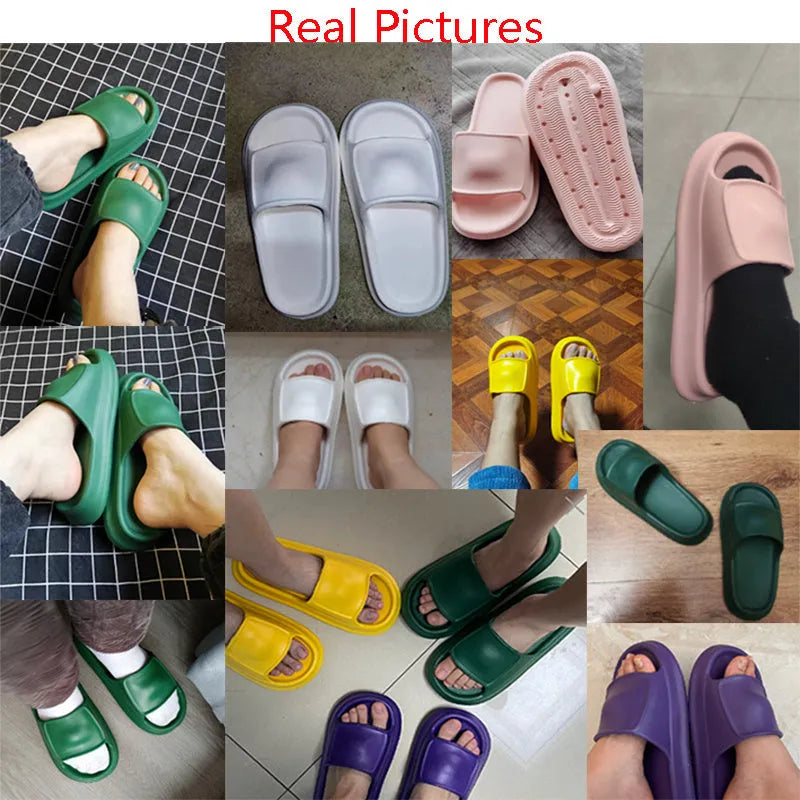 A pair of thick-soled EVA flip-flop slippers on a bathroom floor, showcasing non-slip tread and available colour options.