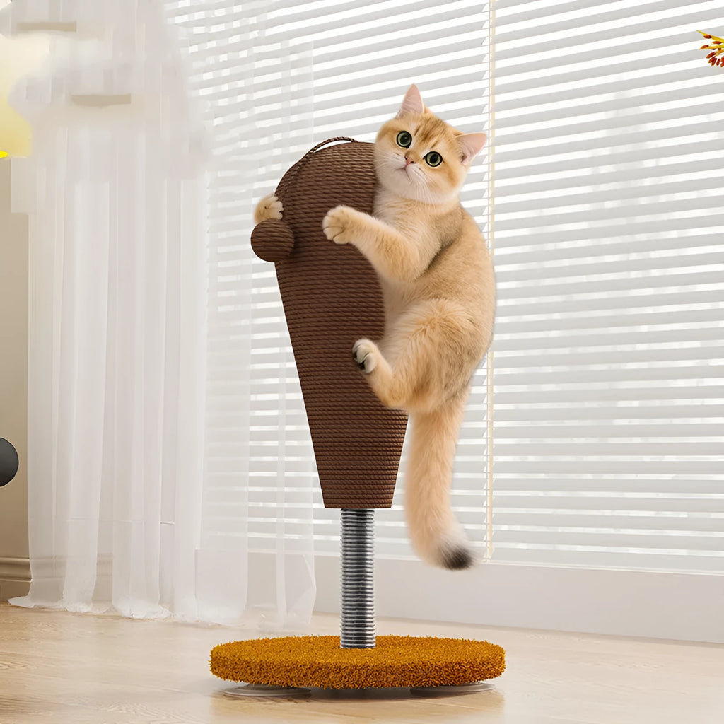 Tumbler-style cat scratch board with woven hemp rope surface and an integrated cat grasping ball toy.
