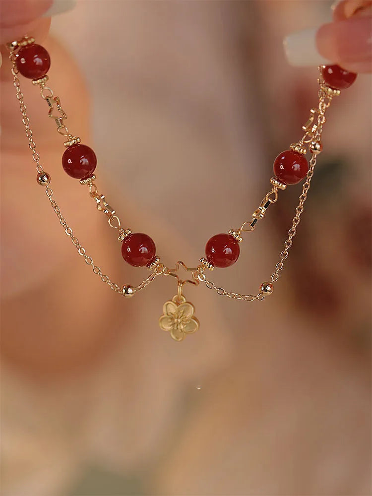 Red agate double layer bracelet with peach blossom flower design and manual craftsmanship