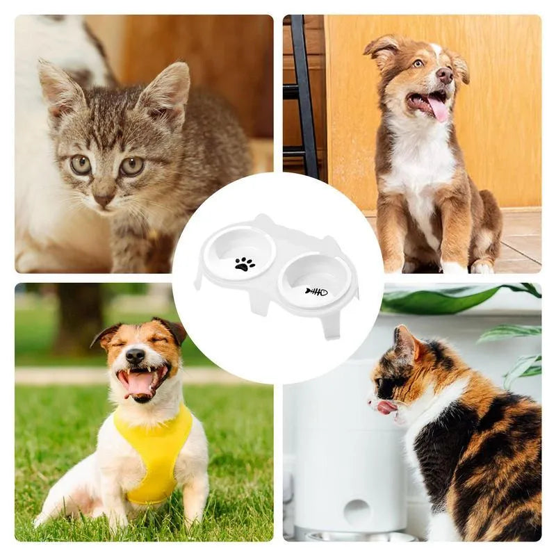 Blue ceramic cat food and water bowl set on a white elevated plastic stand with hook design.