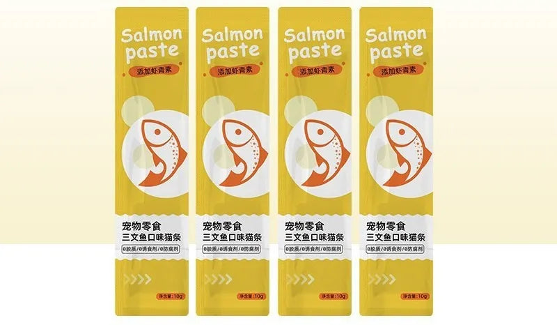 Pack of 10 cat snack strips in four flavour varieties