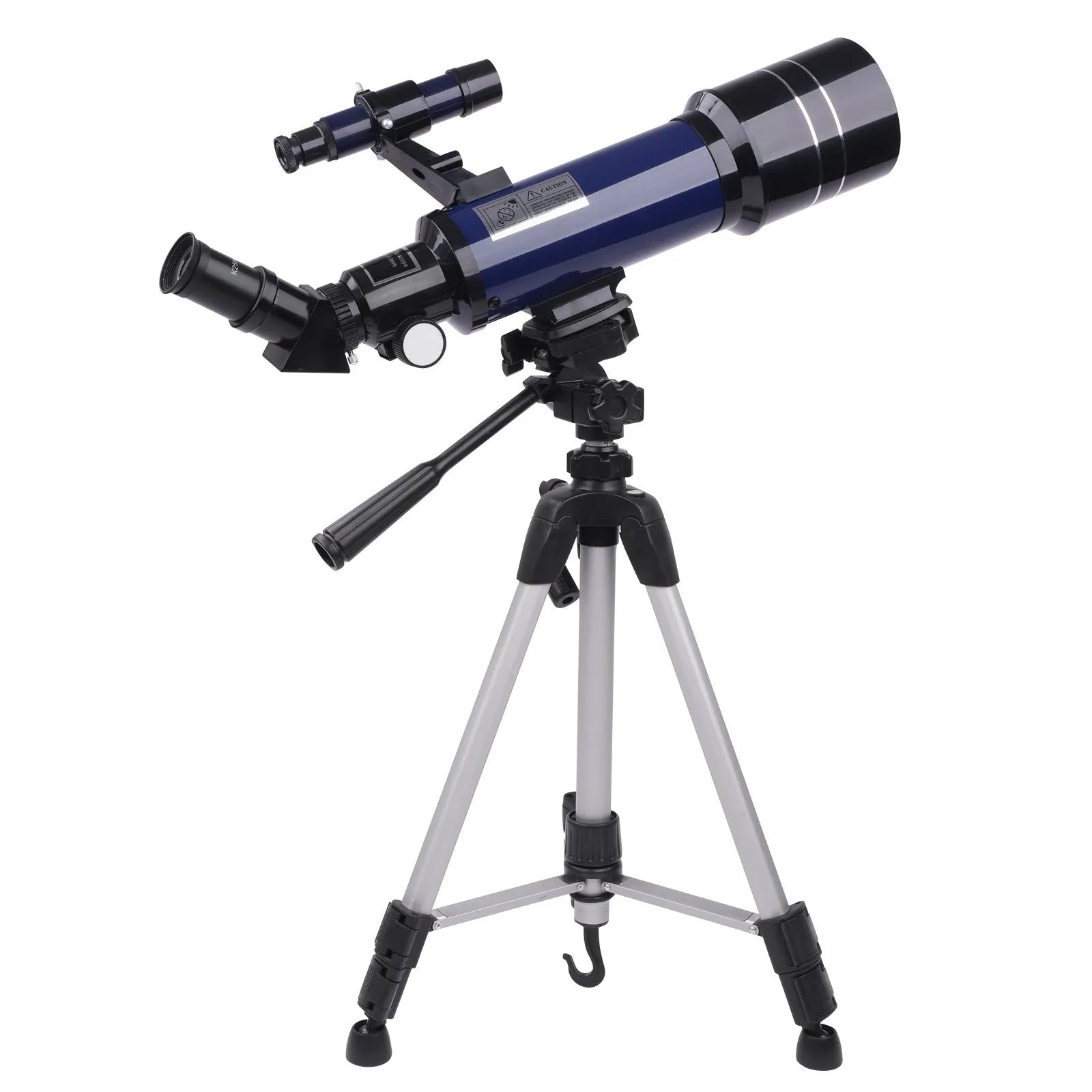 Dark blue children's astronomical telescope with adjustable magnification on a tripod, next to a mobile phone holder accessory.