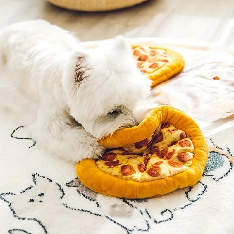Yellow pizza-themed plush dog toy with squeaker for chewing and interactive play