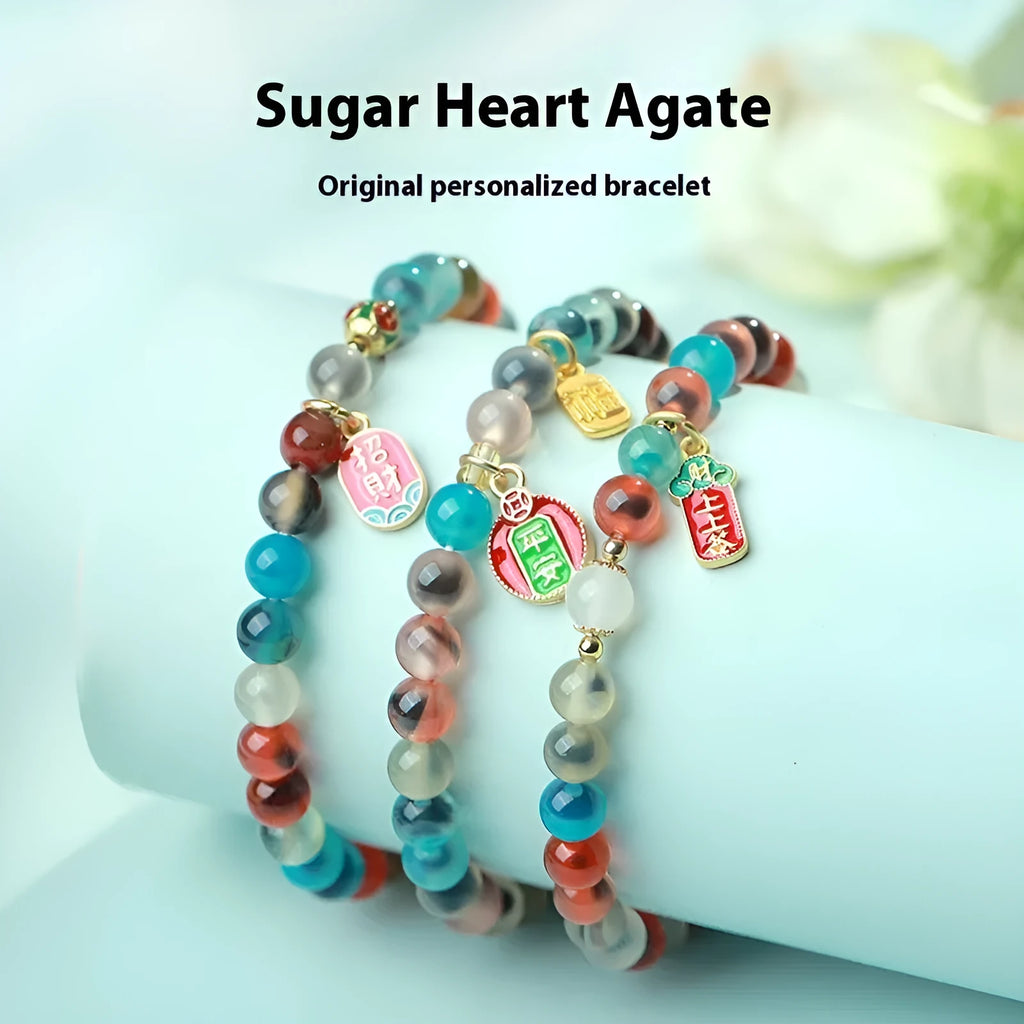 Women's natural agate bracelet with colourful sugar heart glaze and copper coin snake chain in symbolic designs