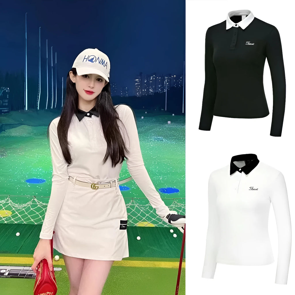 Women's black golf top with long sleeves for sun protection during outdoor activities