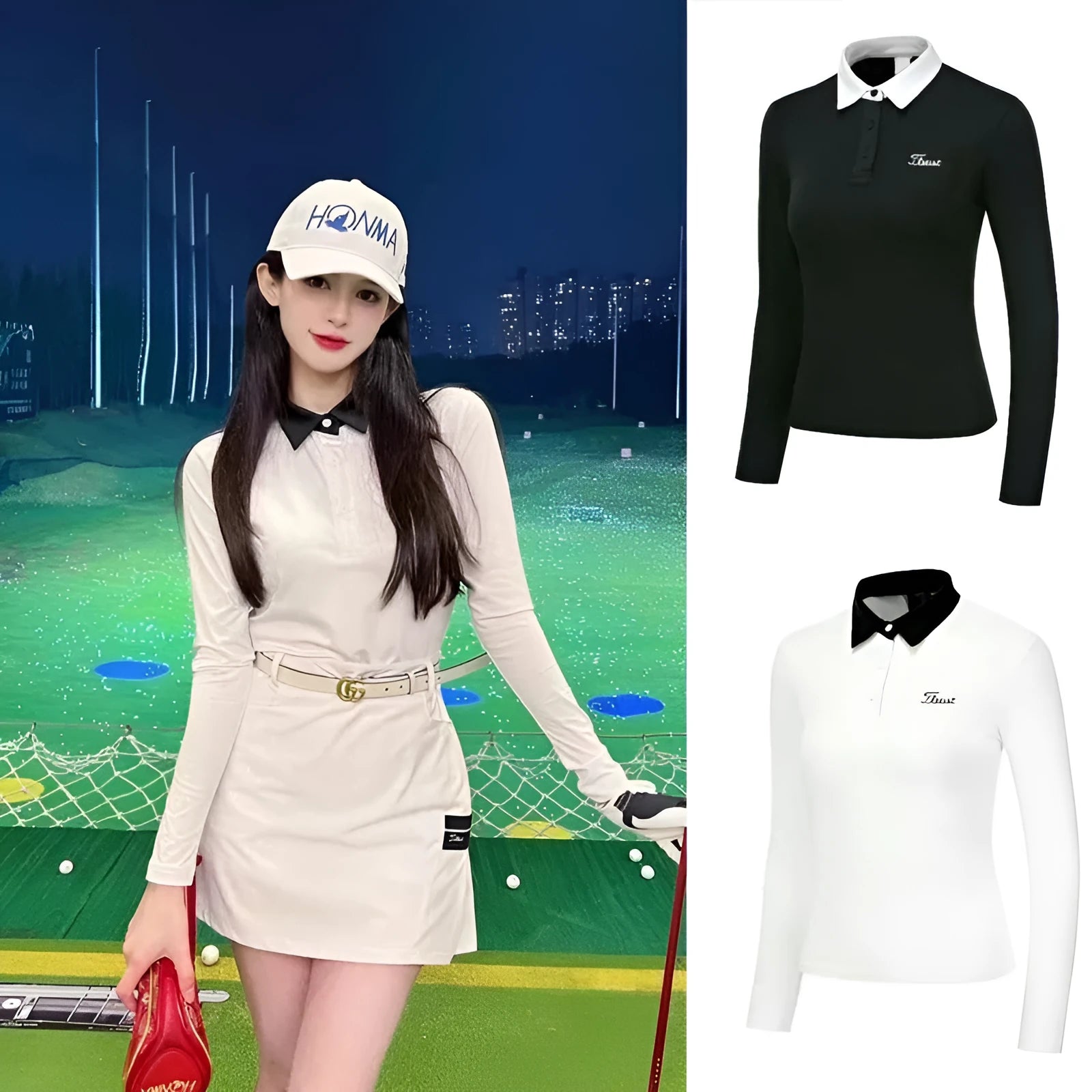 Women's black golf top with long sleeves for sun protection during outdoor activities