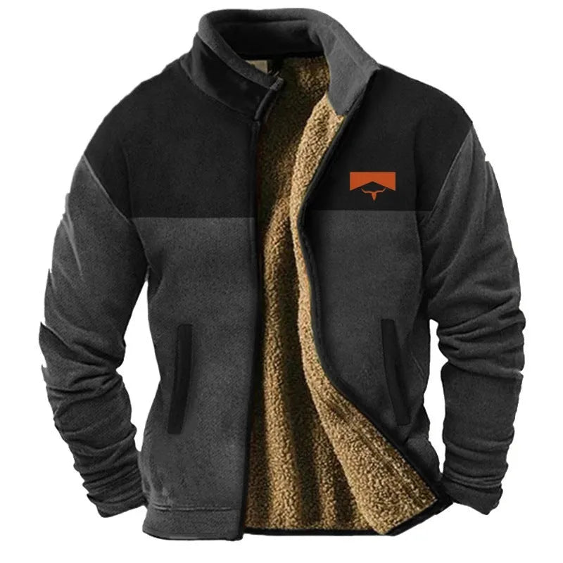 A man's fleece-padded coat in light brown, showing a regular fit and zip front.