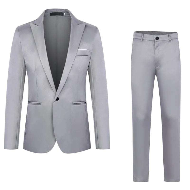Men's loose-fit wedding suit jacket in various colours including black, blue, grey, and wine red.