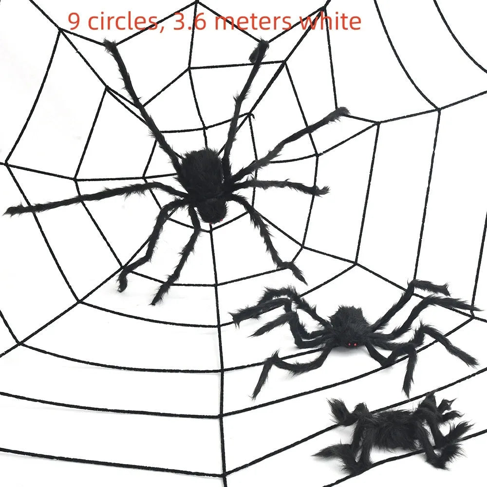 Halloween decoration set with 50cm black polyester spider and 3.6m white web circles