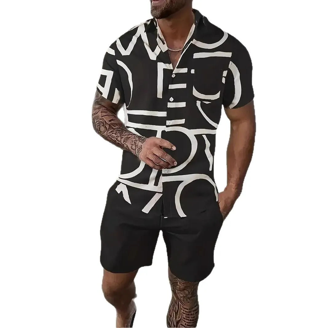 Men's 3D printed Hawaiian pattern short sleeve shirt and matching shorts co-ord set.