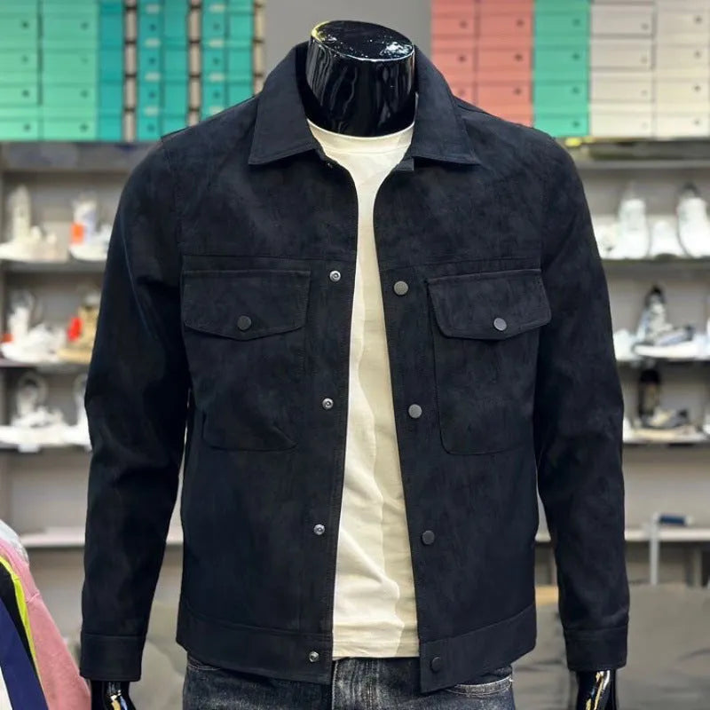 Men's casual suede jacket single-breasted solid black colour front view