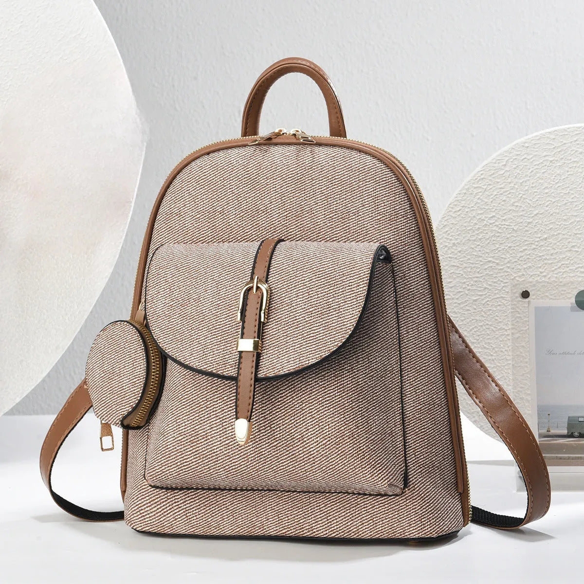 Multi-functional one-shoulder ladies travel backpack crossbody bag in PU shell shape with sandwich pocket, apricot colour, 31x28x11cm
