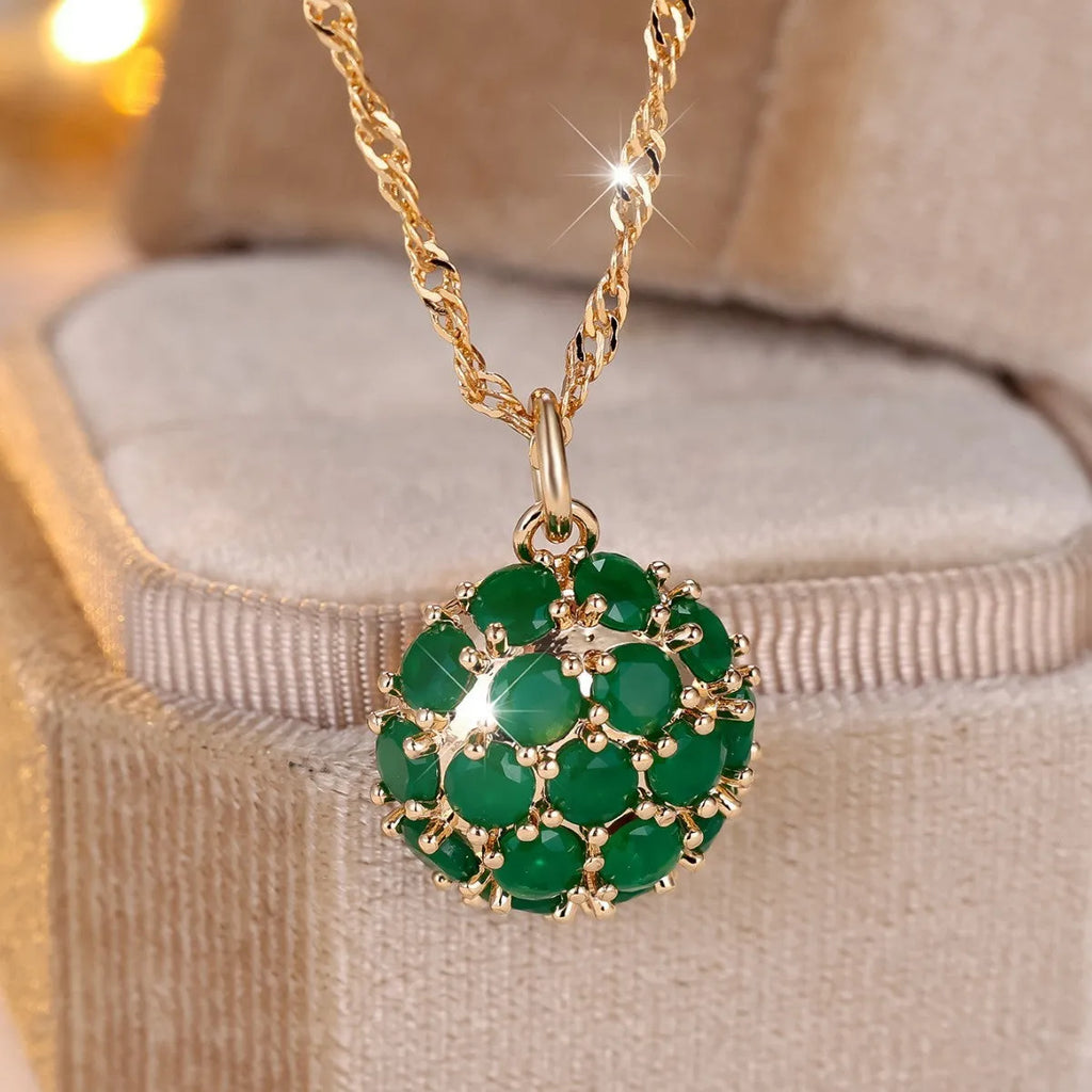 Women's round emerald diamond geometric pendant necklace with champagne gold chain