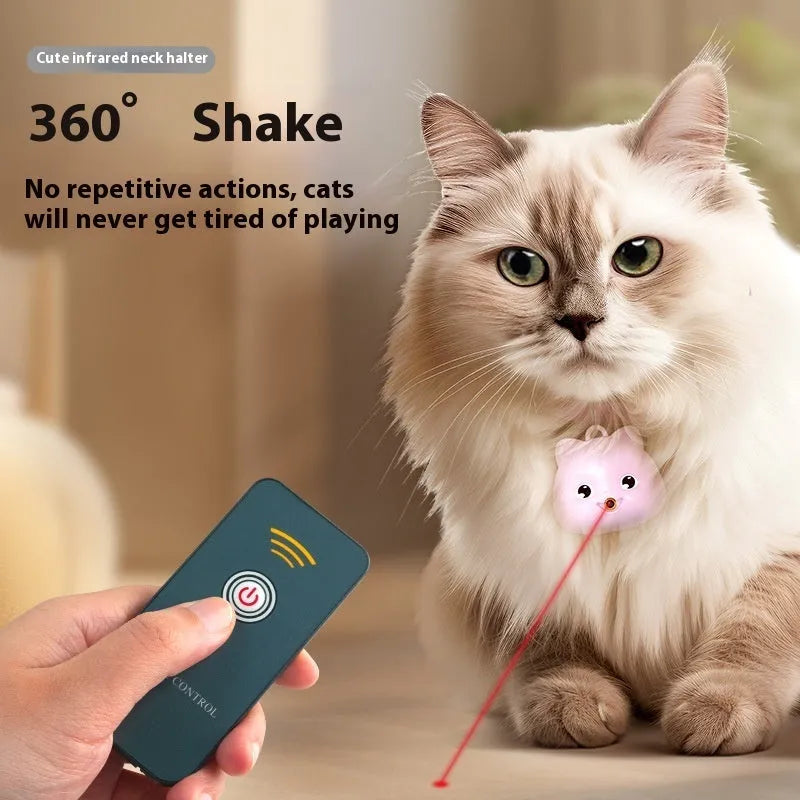 Rechargeable remote control cat toy with infrared halter collar, USB cable, and adjustable collar in pink or blue colours