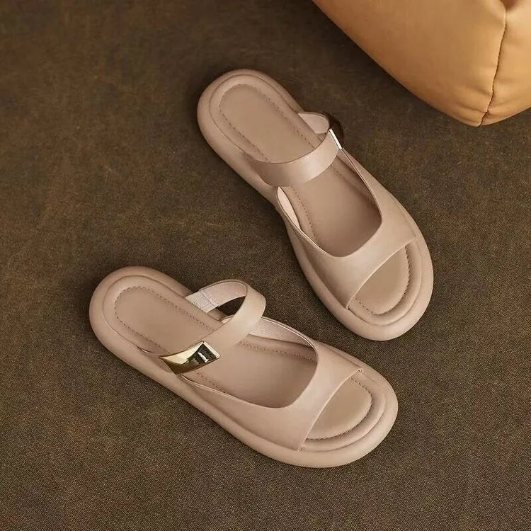 Women's apricot soft leather platform sandals with a peep toe and rubber sole.