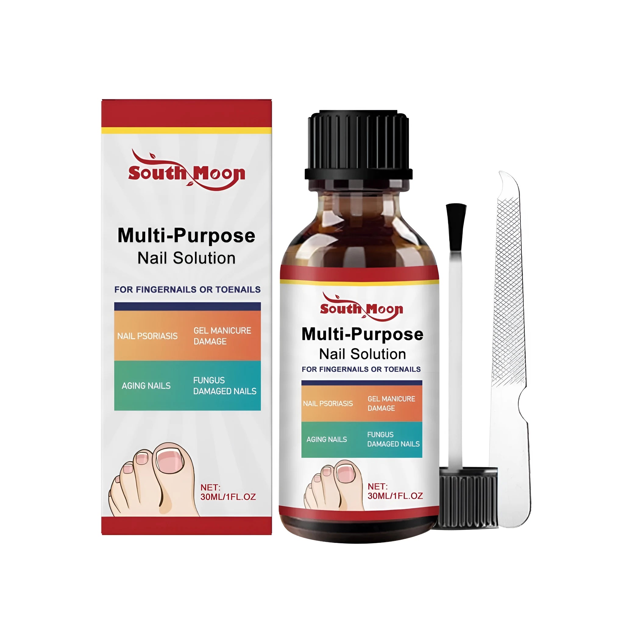30ml bottle of herbal nail care solution with tea tree oil and included nail file